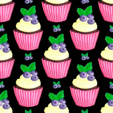 With blueberry cupcake pattern. Nice dessert print Stock Illustration