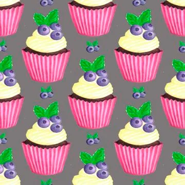 With blueberry cupcake pattern. Nice dessert print Stock Illustration
