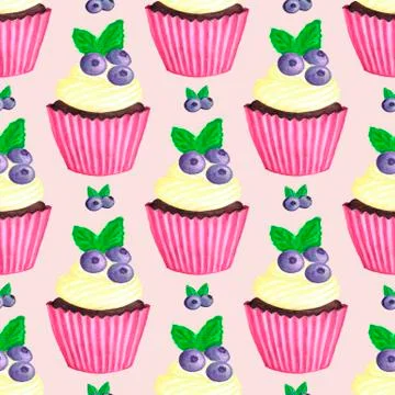 With blueberry cupcake pattern. Nice dessert print Stock Illustration