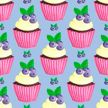 With blueberry cupcake pattern. Nice dessert print Stock Illustration