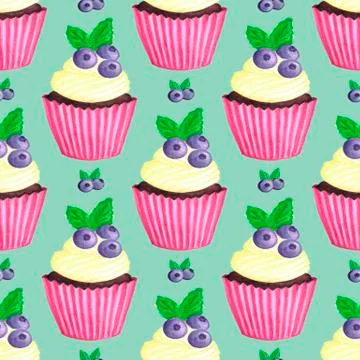 With blueberry cupcake pattern. Nice dessert print Stock Illustration