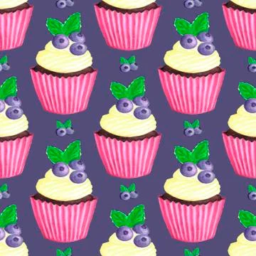 With blueberry cupcake pattern. Nice dessert print Stock Illustration