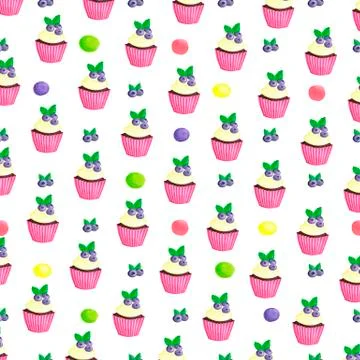 With blueberry cupcake pattern. Nice dessert print Stock Illustration