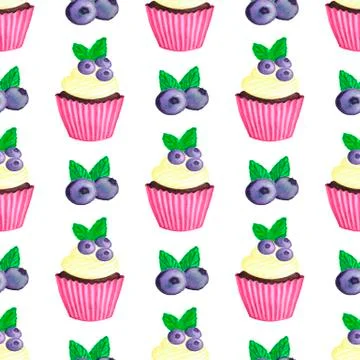 With blueberry cupcake pattern. Nice dessert print Stock Illustration