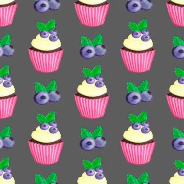 With blueberry cupcake pattern. Nice dessert print Stock Illustration