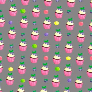 With blueberry cupcake pattern. Nice dessert print Illustrazione stock