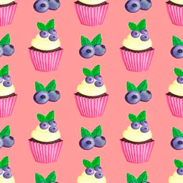 With blueberry cupcake pattern. Nice dessert print Illustrazione stock