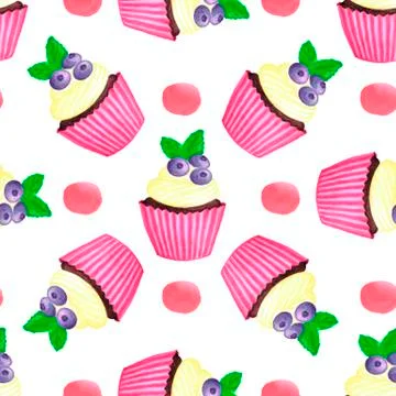 With blueberry cupcake pattern. Nice dessert print Stock Illustration