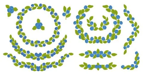 Blueberry Graphic Design Element Set with Colored Fruit Frames, Branches, D.. イラスト素材