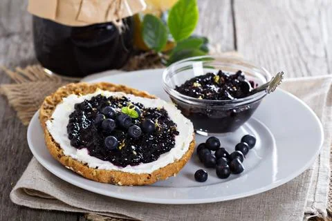 Blueberry jam on bread Stock Photos