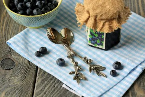 Blueberry jam &amp; jamspoons Stock Photos