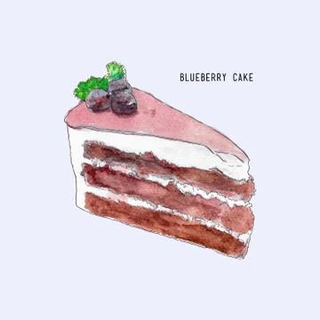 Blueberry layer cake, hand drawn sketch water color line art vector. Stock Illustration