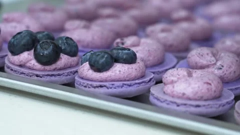 Blueberry Macaron Assembly on Baking Sheet Stock Footage 343020033