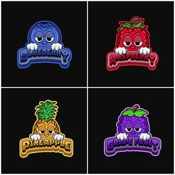 Blueberry, raspberry, pineapple and grape fruit mascot character. Vectors a.. Stock-Illustration