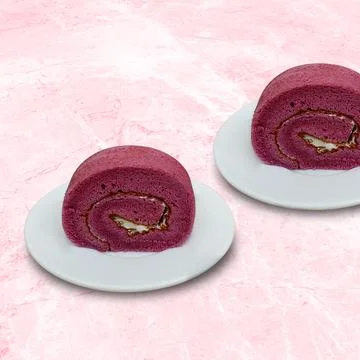 Blueberry rolled sponge cake on a white plate Stock Photos