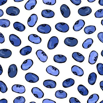 Blueberry Seamless. Doodle Style Vector Design, Isolated on White Background. Stock Illustration