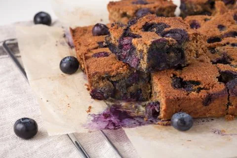 Blueberry square bars on baking sheet, paleo healthy baking with almond flour Stock Photos