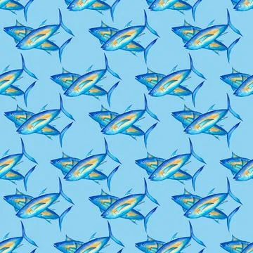 Bluefin tuna seamless pattern with background. Bright Sea Pisces. Watercolor Stock Illustration