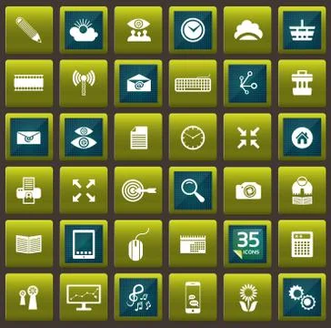 BlueGreen Vector template for interface and 35 outlined icons. Vector illustr Stock Illustration