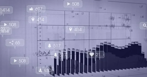 Blueprint 3D bar chart growing and clustering with social bubbles on panel Stock Footage 331565395