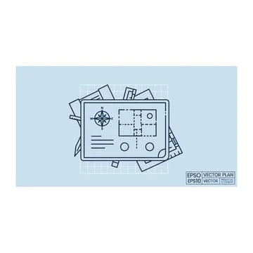 Blueprint architectural plans stacked on grid background with represents pl.. Illustrazione stock