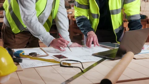Blueprint, architecture and team with hands of people for site plan scale, Stock Footage 338047322