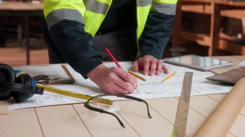 Blueprint, architecture and writing with hands in workshop for site plan scale, Stock Footage 338047060
