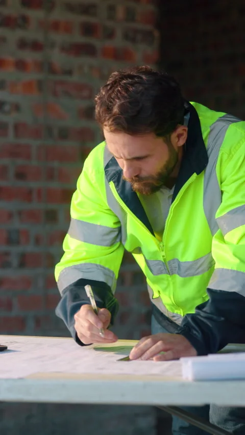 Blueprint, calculator and construction with man on building site for property Stock Footage 336184076