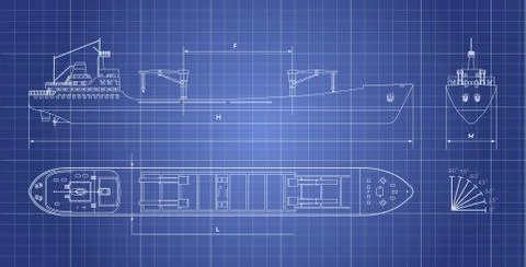 Blueprint of cargo ship. Top, side and front view. Industrial drawing Stock Illustration