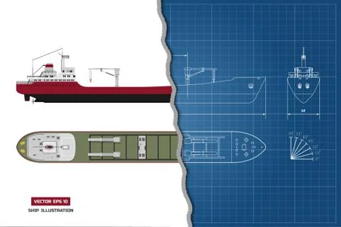 Blueprint of cargo ship. Top, side and front view. Container transport Stock-Illustration