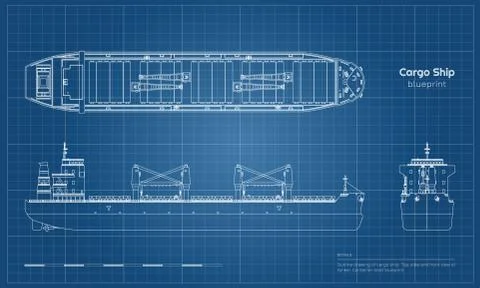 Blueprint of cargo ship. Top, side and front view of tanker. Container boat Stock-Illustration