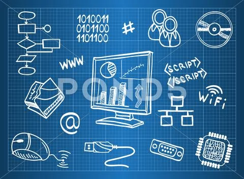 Blueprint of computer hardware and information technology symbols Stock Illustration
