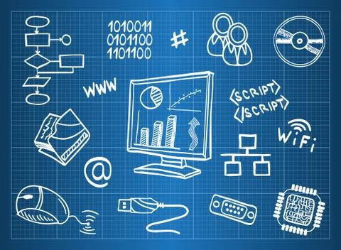 Blueprint of computer hardware and information technology symbols Illustrazione stock