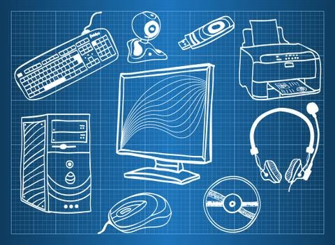 Blueprint of computer hardware - peripheral devices Stock Illustration