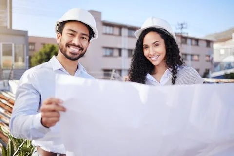 Blueprint, construction site or engineering people portrait in development Stock Photos