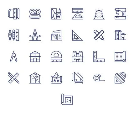 Blueprint Design Vector Icons featuring 25 Display Perfect Regular Line Style Stock Illustration