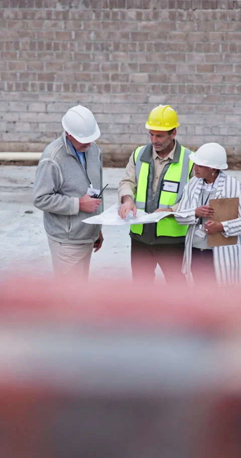 Blueprint, development or talk with engineer team outdoor for inspection, real Stock Footage 340974599