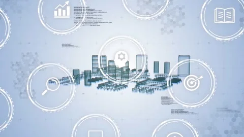 Blueprint driving array rising skyline with UI icons marking, merging rotating Video stock 332577655