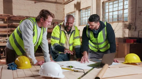 Blueprint, engineer and discussion with people in workshop for site plan scale, Stock Footage 338047928