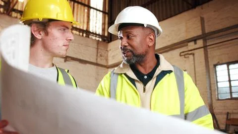 Blueprint, engineer and team at construction site for planning, development.. Foto stock