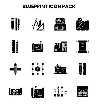 Blueprint Glyph Set Icons Pack Stock Illustration