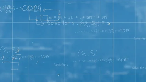 Blueprint grid filling causing letters and equations drifting and illustrating Stock Footage 310659914