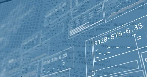 Blueprint grid starting panel sliding, codes fading, graphs animating to show Vidéo 315535727