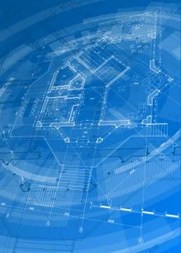 Blueprint house plan &amp; blue technology radial background Ilustración de archivo