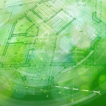 Blueprint house plan &amp; green technology radial background Stock Illustration