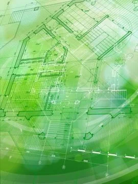 Blueprint house plan &amp; green technology radial background - vector illustration Ilustración de archivo