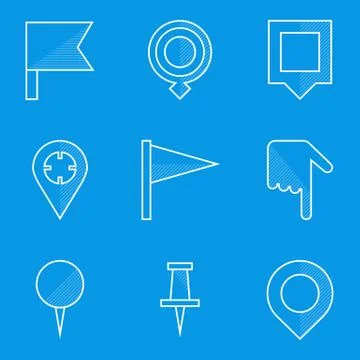 Blueprint icon set. Push pin map Stock Illustration