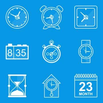 Blueprint icon set. Time. Clock 库存插图