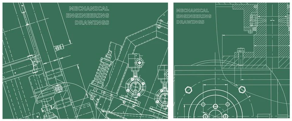 Blueprint illustration set. Engine line drawing Stock Illustration