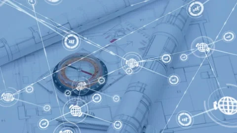 Blueprint layout showing magnetic compass on desk, with flat design network Stock Footage 309284435